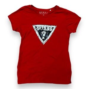 Guess Sequin Logo Triangle Red Baby Tee Women’s Size Medium T-Shirt Y2K
